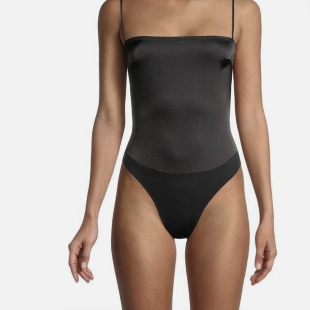WeWoreWhat Strappy Satin Chiffon Bodysuit in Black (size M)